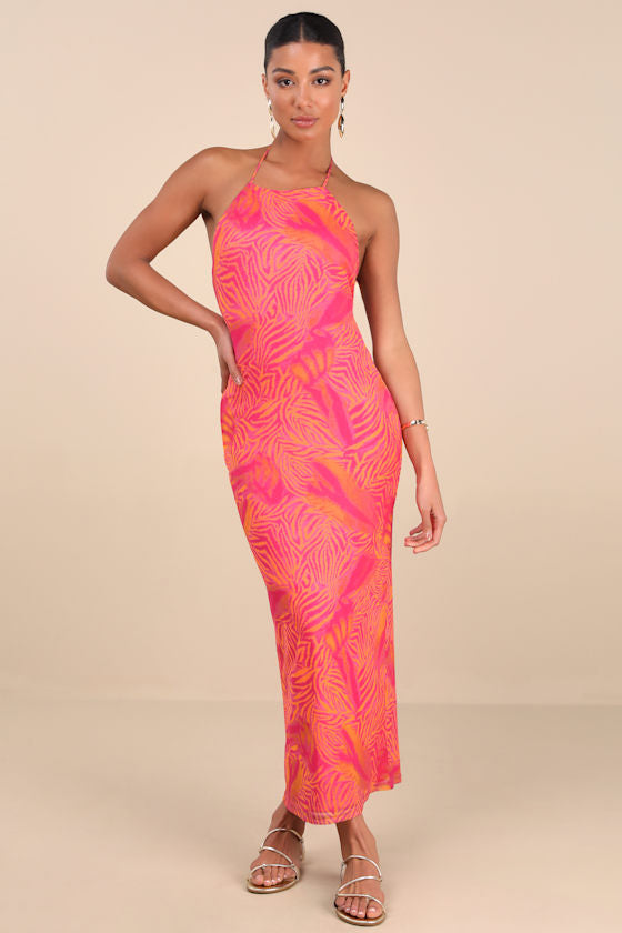 Camadi Hot Pink Animal Print Mesh Backless Midi Dress #Color_Hot Pink Animal Print