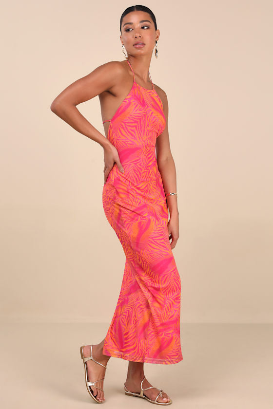 Camadi Hot Pink Animal Print Mesh Backless Midi Dress #Color_Hot Pink Animal Print
