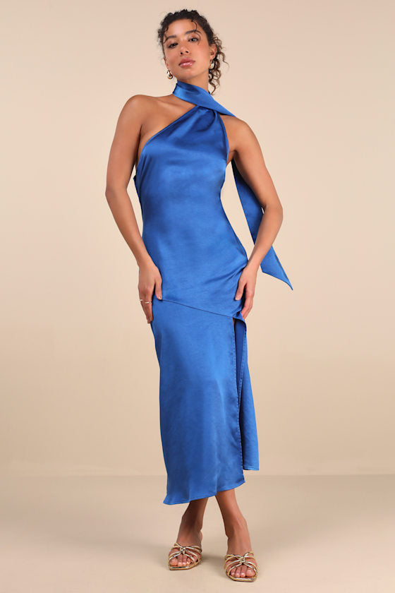 Reglan Pink Satin One-Shoulder Sash Midi Dress