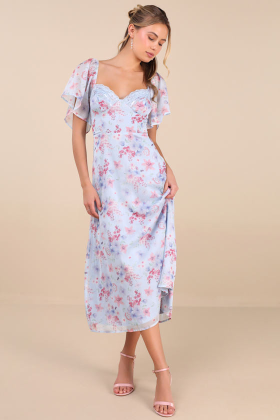 Valla Light Blue Floral Flutter Sleeve Midi Dress #Color_Light Blue Floral