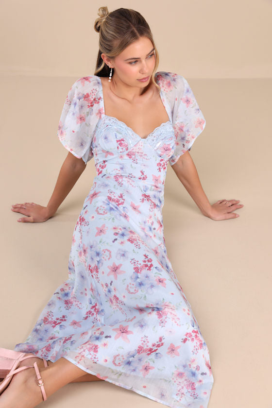 Valla Light Blue Floral Flutter Sleeve Midi Dress #Color_Light Blue Floral