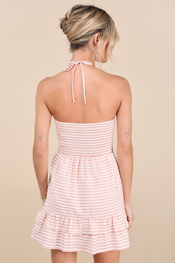 Corilie Blue and White Striped Halter Mini Dress