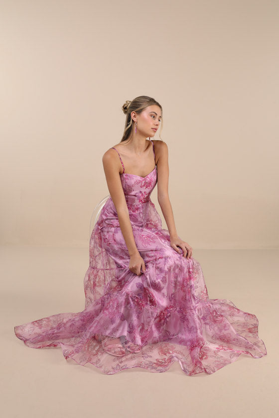 Exclusive Glamour Black Floral Organza Tiered Maxi Dress