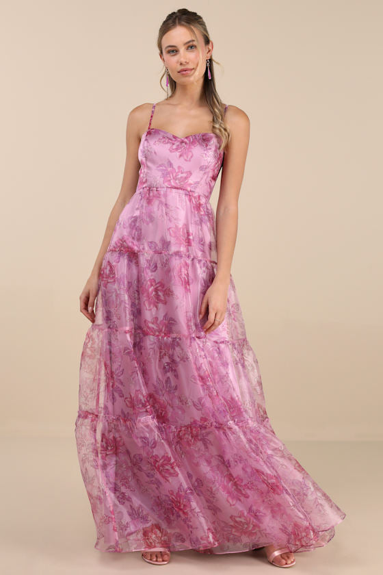 Exclusive Glamour Black Floral Organza Tiered Maxi Dress