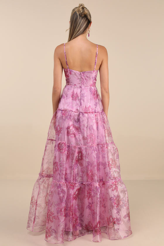 Exclusive Glamour Black Floral Organza Tiered Maxi Dress