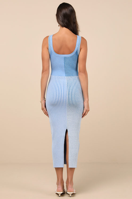 Radiant Personality Yellow Color Block Ribbed Knit Midi Dress