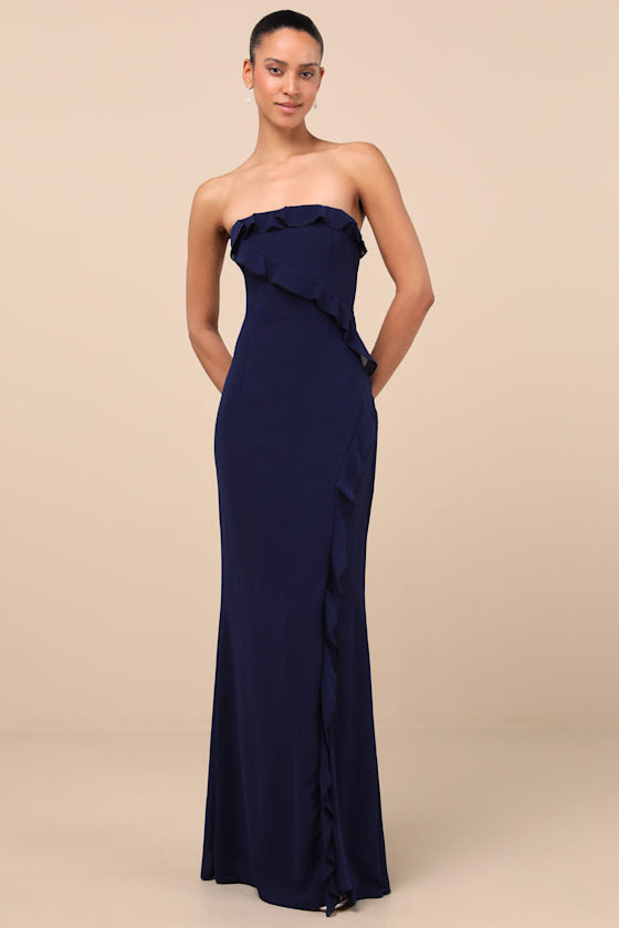 Excellent Sensation Navy Strapless Ruffled Maxi Dress #Color_Navy
