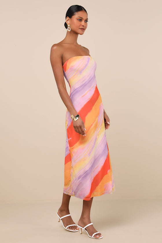 Jaylah Light Blue Multi Mesh Strapless Midi Dress