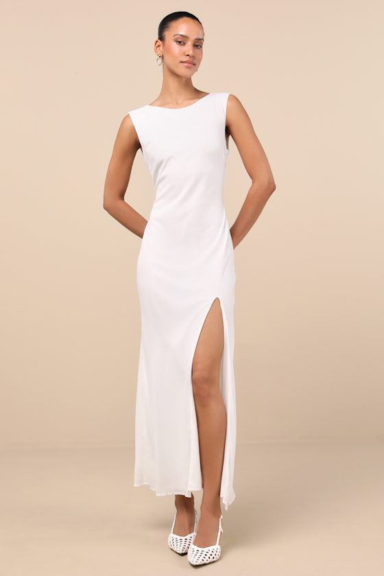Yaneli White Boat Neck Cowl Back Maxi Dress #Color_White