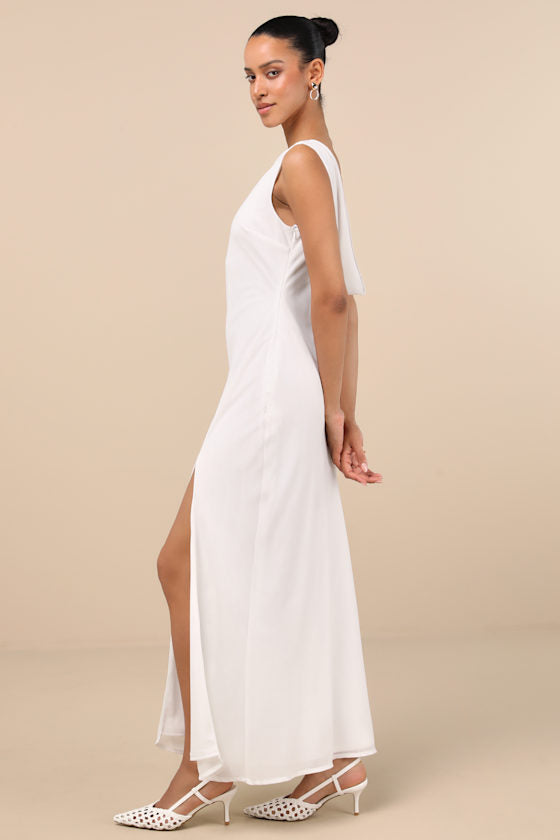 Yaneli White Boat Neck Cowl Back Maxi Dress #Color_White