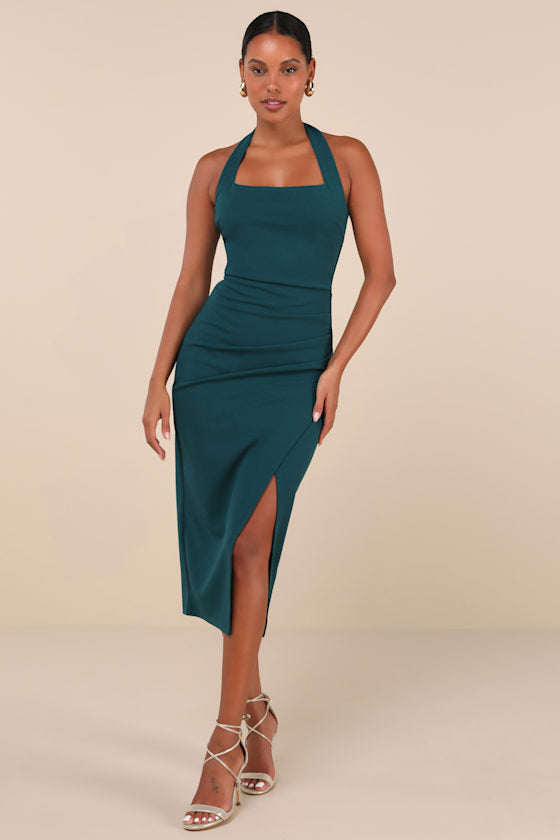 Prominent Charm Emerald Halter Bodycon Tulip Midi Dress #Color_Emerald