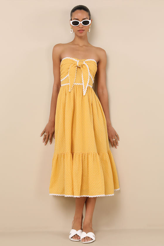 Delightful Design Yellow Polka Dot Midi Dress With Pockets #Color_Yellow Polka Dot