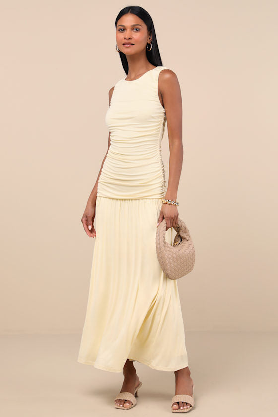 Tamber Light Yellow Jersey Knit Drop Waist Midi Dress #Color_Light Yellow