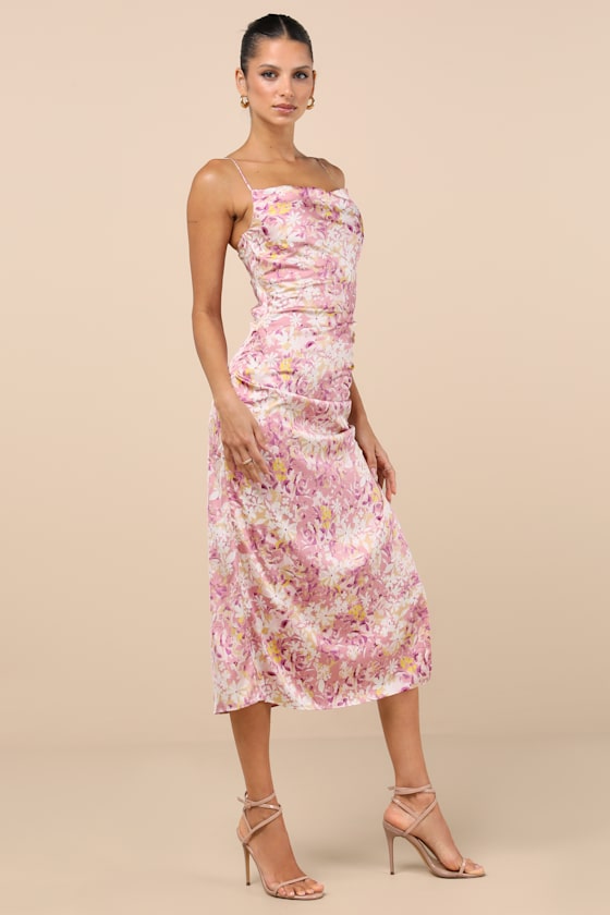 Truest Romance Pink Floral Print Sleeveless Ruched Midi Dress #Color_Pink Floral Print