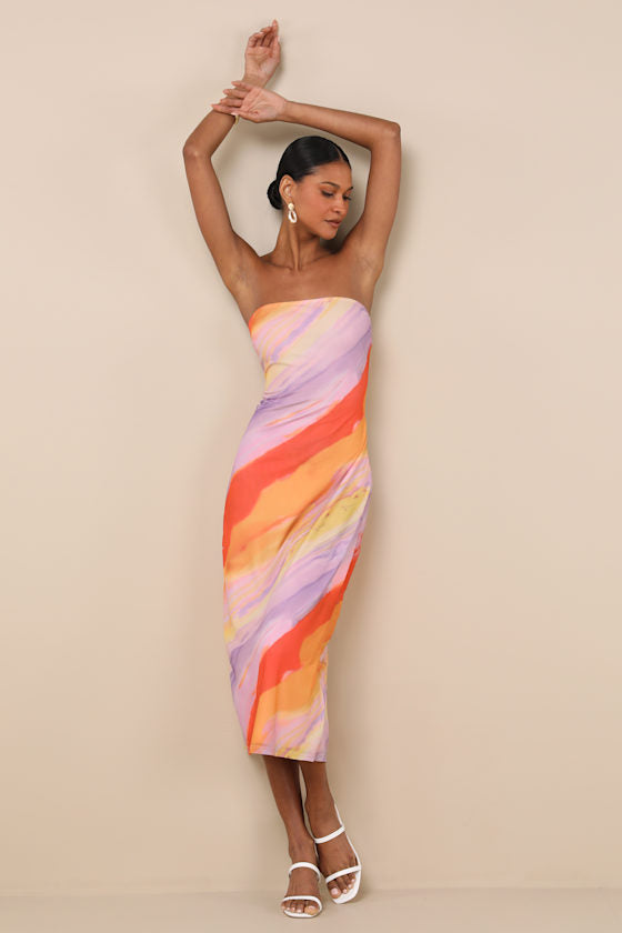 Jaylah Light Blue Multi Mesh Strapless Midi Dress