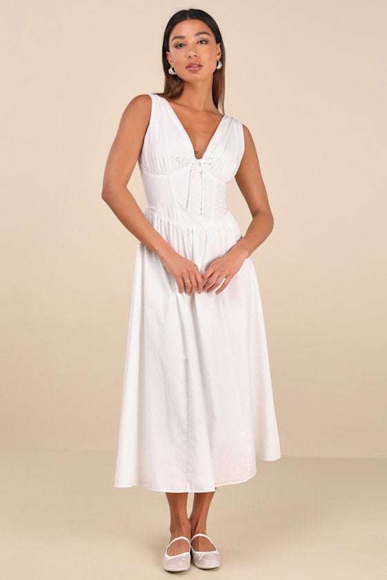 Lettie Red Poplin Plunge Neck Midi Dress
