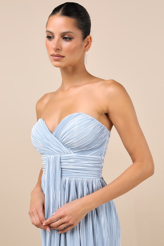 Oswin Light Blue Satin Plisse Strapless Maxi Dress #Color_Light Blue