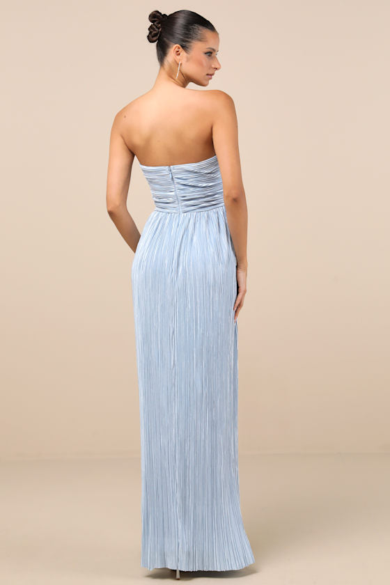 Oswin Lime Green Satin Plisse Strapless Maxi Dress