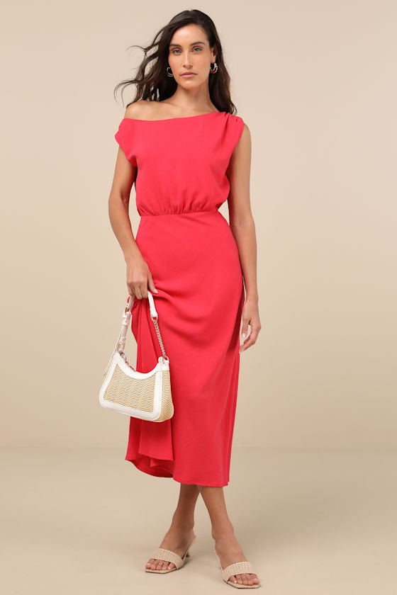 Casual Enchantment Orange Linen Off-the-Shoulder Midi Dress #Color_Red