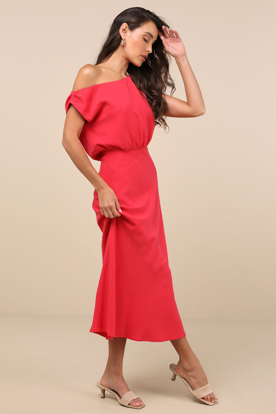 Casual Enchantment Red Linen Off-the-Shoulder Midi Dress #Color_Red