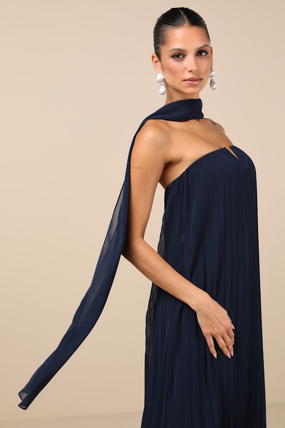 Lael Green Pleated Strapless Dress and Scarf Set #Color_Navy