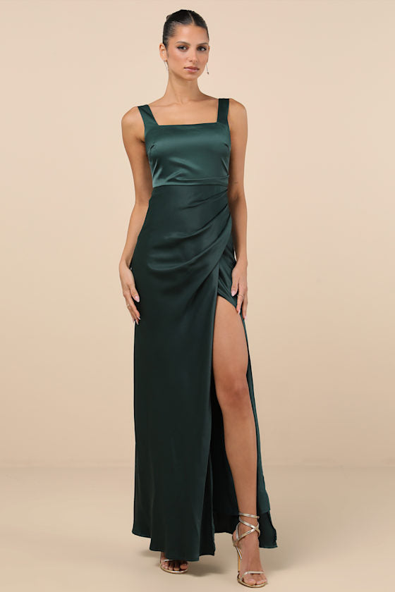 Red Carpet Romance Light Blue Satin Square Neck Maxi Dress #Color_Emerald Green