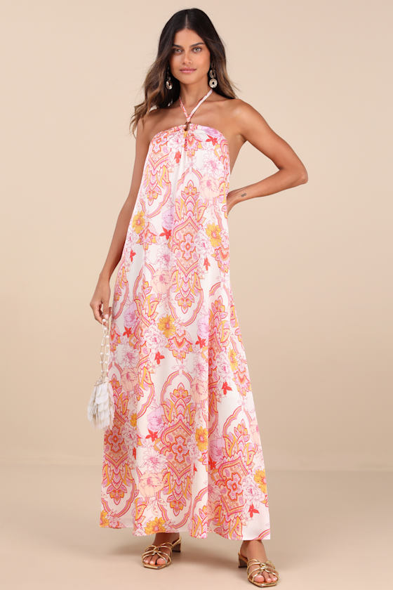 Nikoletta Coral Pink Paisley Print Halter Maxi Dress #Color_Coral Pink Paisley Print