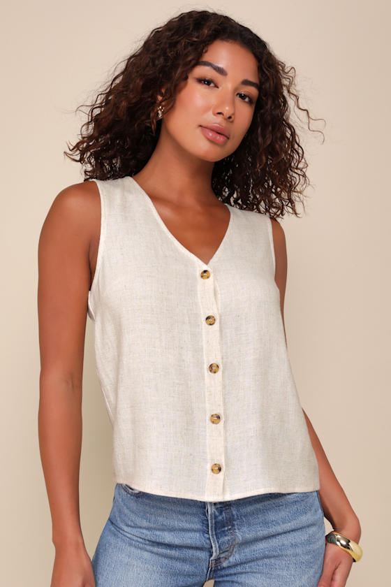 Casually Sophisticated Blue Linen Button-Front Top