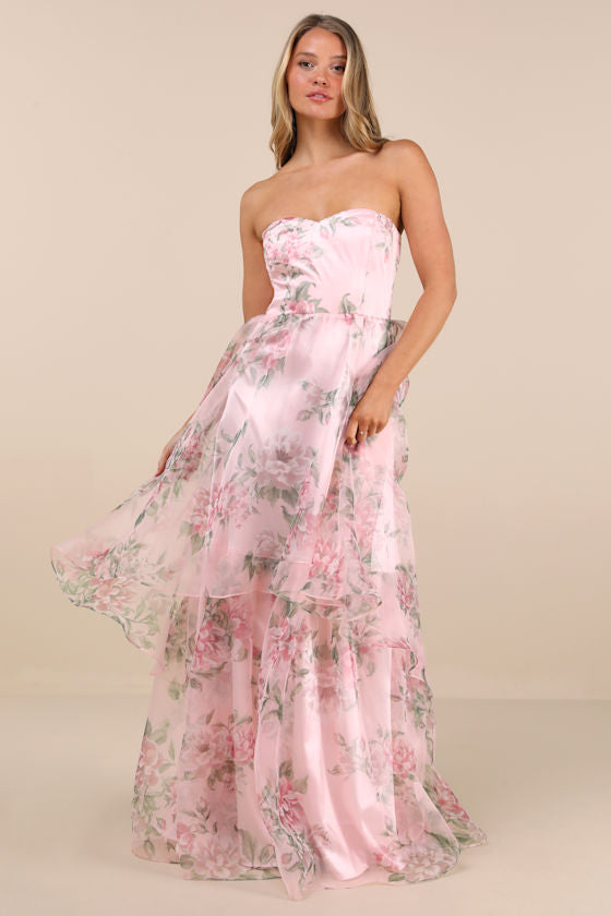 Truly Extraordinary Black Floral Organza Strapless Maxi Dress #Color_Pink Floral