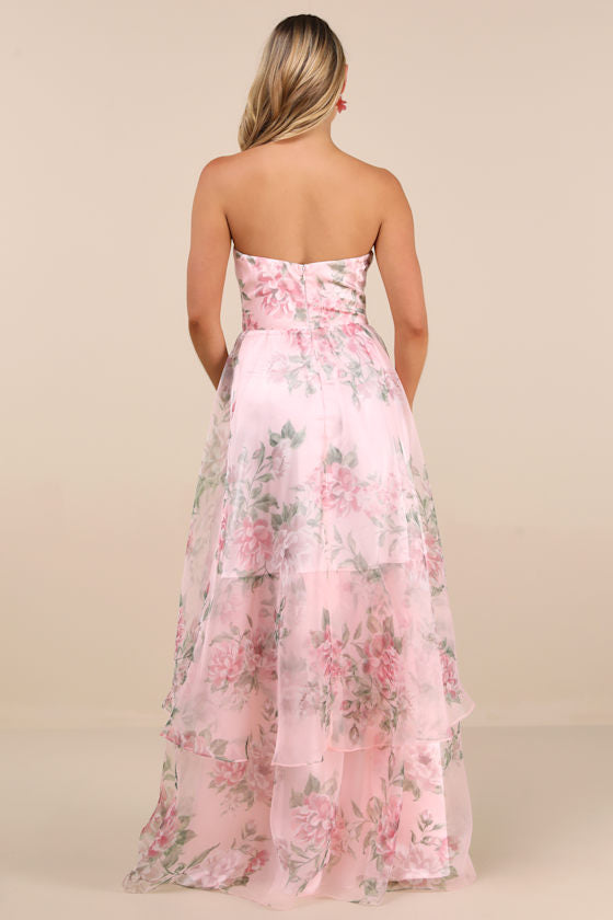 Truly Extraordinary Black Floral Organza Strapless Maxi Dress