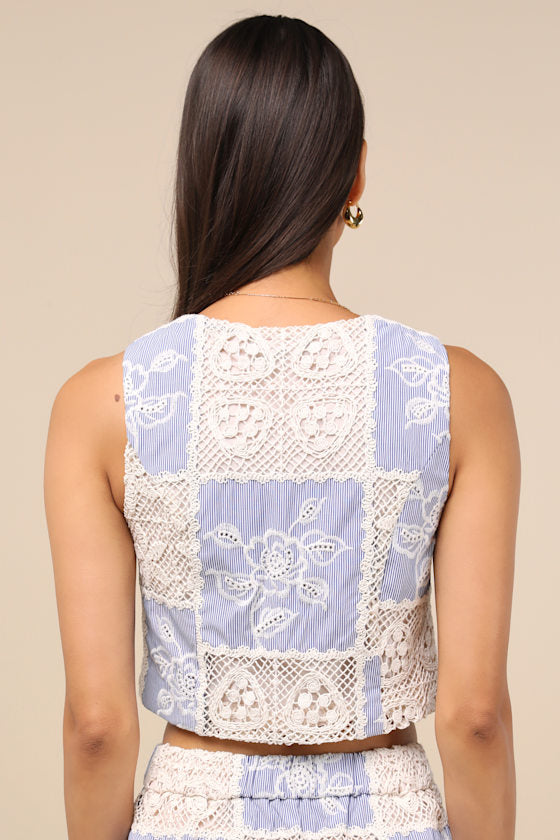 Elfreda Blue and Cream Crochet Knit Patchwork Tie-Front Top #Color_Blue and Cream