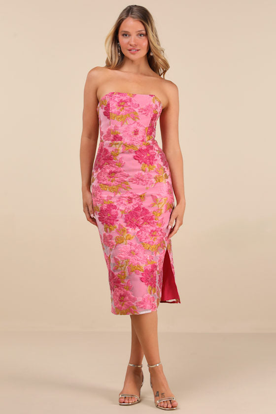Upgraded Event Blue Jacquard Strapless Bustier Midi Dress #Color_Pink