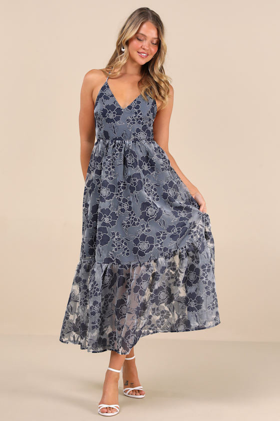 Feeling Like Forever Plum Jacquard Organza Lace-Up Midi Dress