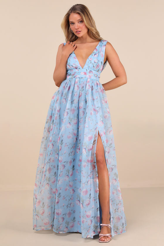 Garden Romance Magenta Floral Print Organza Maxi Dress #Color_Light Blue Floral Print