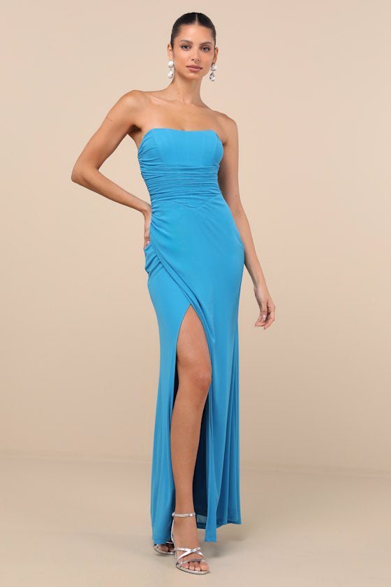 Epitome of Allure Black Mesh Strapless Ruched Maxi Dress