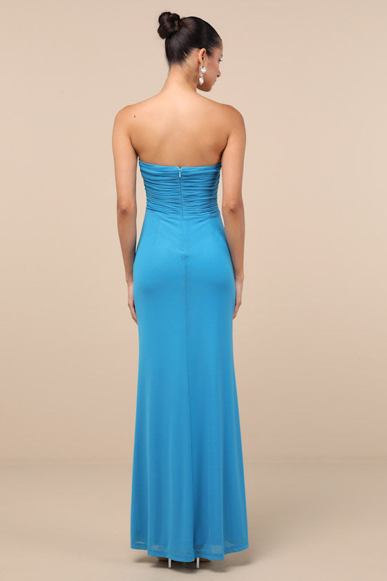 Epitome of Allure Purple Mesh Strapless Ruched Maxi Dress