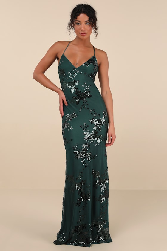 Valhalla Forest Green Sequin Lace-Up Maxi Dress #Color_Forest Green