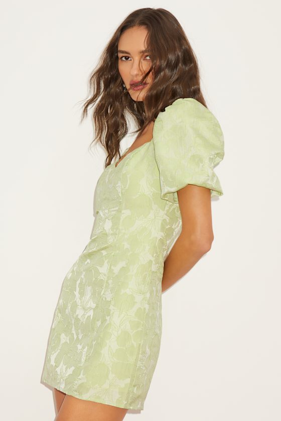 Beyond Amazing Light Green Floral Jacquard Puff Sleeve Dress #Color_Light Green