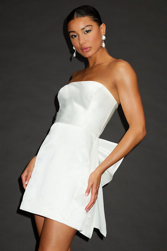 Soiree Hour White Satin Strapless Bow Mini Dress #Color_White