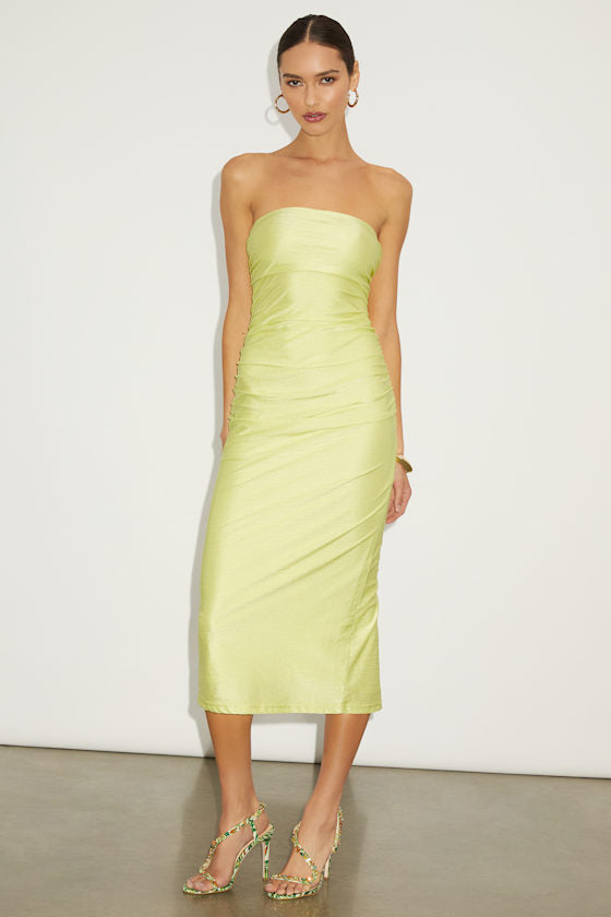 Gorgeous Reputation Copper Brown Strapless Ruched Midi Dress