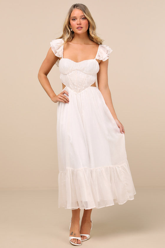 Mio Ivory Pleated Tie-Back Midi Dress