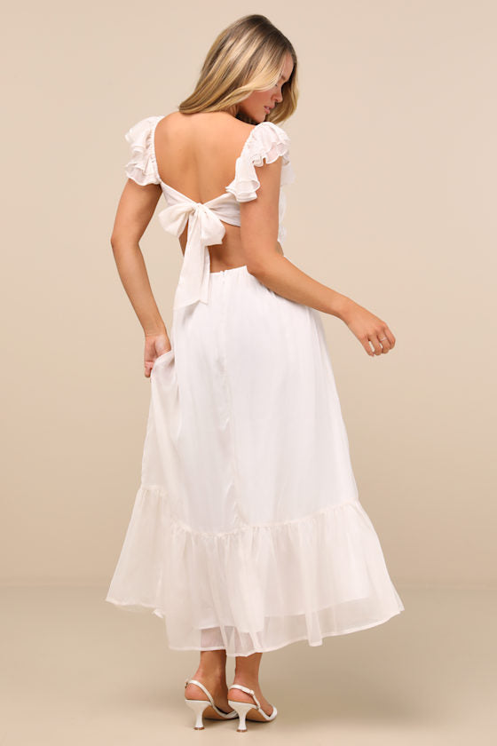 Mio Ivory Pleated Tie-Back Midi Dress