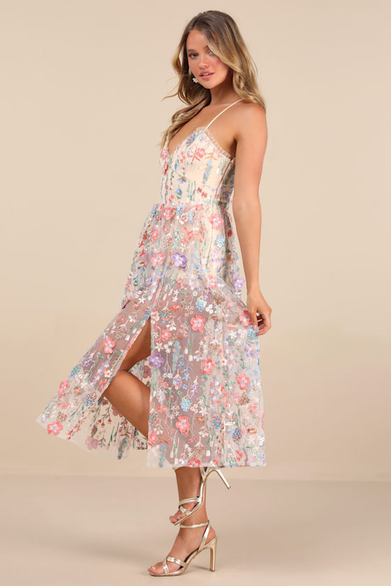 Mahryn Beige 3D Floral Embroidered Midi Bodysuit Dress #Color_Beige