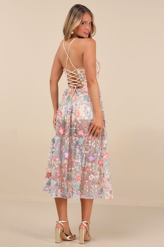 Mahryn Beige 3D Floral Embroidered Midi Bodysuit Dress #Color_Beige