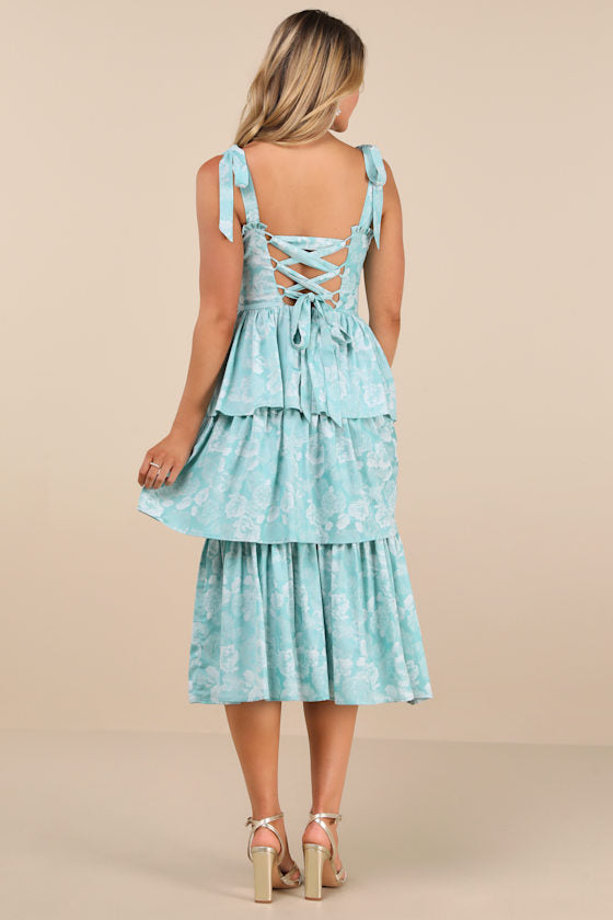 Lovely Bliss Blue Floral Jacquard Strapless Bustier Midi Dress