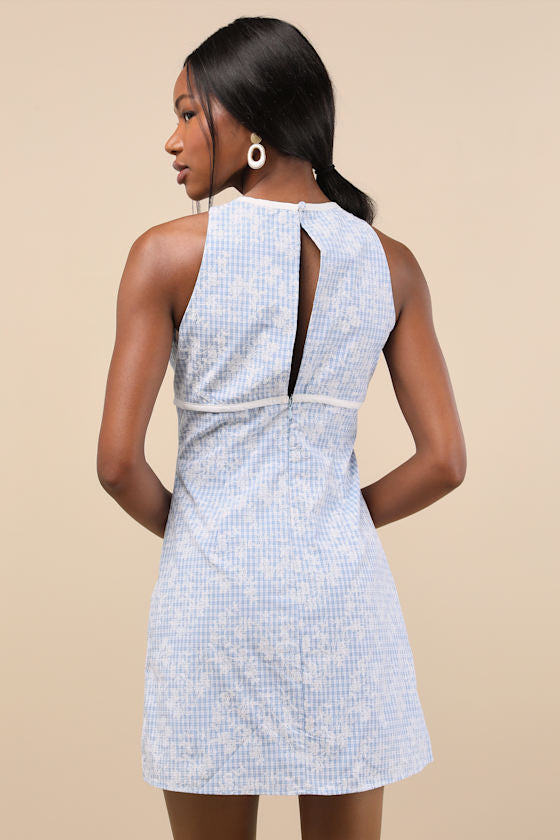 Berendina Blue Gingham Embroidered Mini Dress