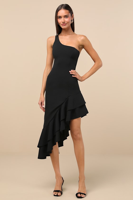 Steal a Glance Black One-Shoulder Asymmetrical Midi Dress #Color_Black
