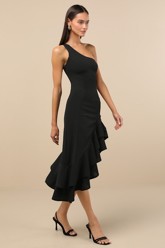 Steal a Glance Black One-Shoulder Asymmetrical Midi Dress #Color_Black