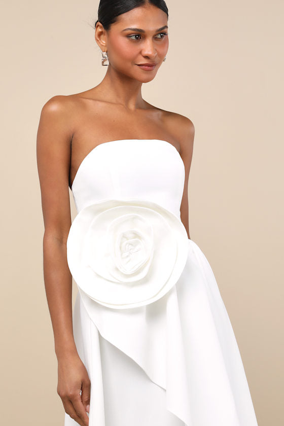 Emiliana White 3D Rosette Strapless High-Low Maxi Dress