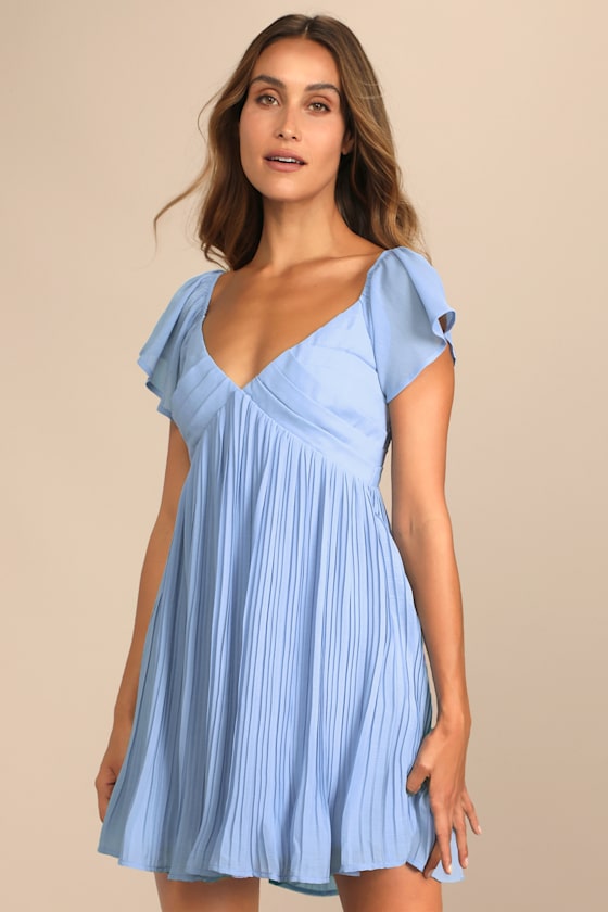 Amalfi Coast White Pleated Flutter Sleeve Mini Dress #Color_Light Blue